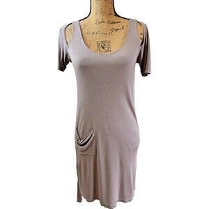 Women's Taupe Cold Shoulder Pocket Midi Dress Short Sleeve Stretch Casual SZ S
